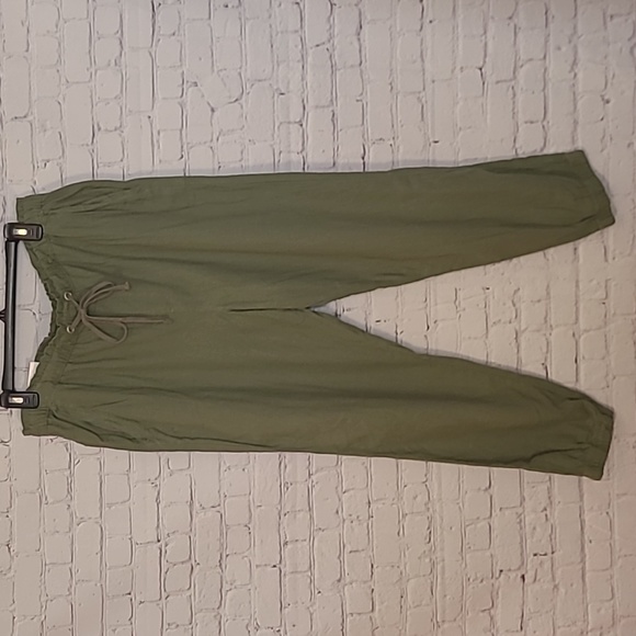 NEW Army Green Linen Blend Drawstring Elastic Waistband Pocket Joggers Size XXL - Picture 1 of 8